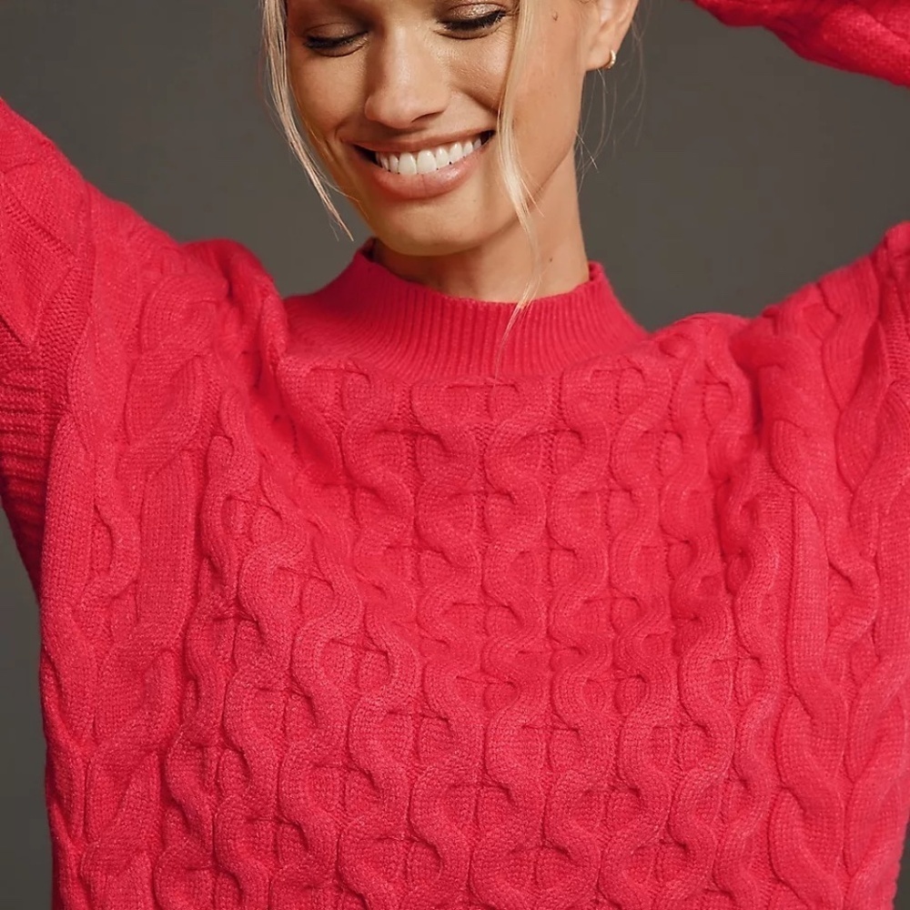 NWT Anthropologie Pink 4SI3NNA Long Sleeve Cropped Cable Sweater Small - Picture 5 of 5